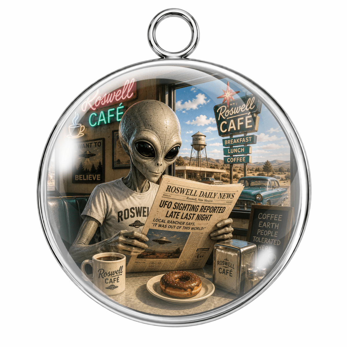 A round pendant or ornament with a hanging loop at the top, featuring a printed scene of an alien sitting at a cafe counter and reading a newspaper. The artwork includes a Rosswell Cafe sign, mug, donut, and small sign elements, all enclosed in a clear circular frame with a metallic rim on a white background.