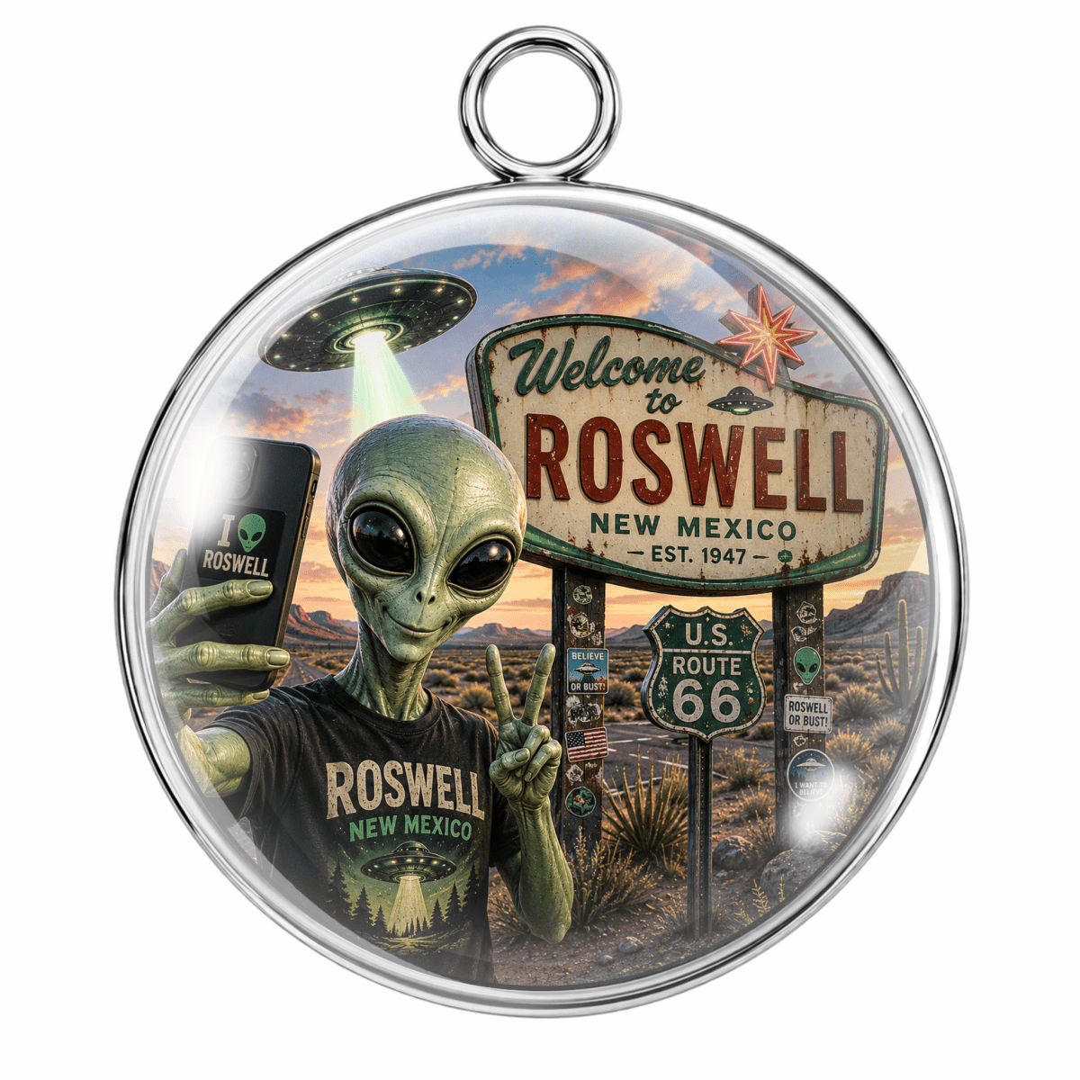 A round pendant charm featuring a retro sci-fi illustration of an alien posing in front of the 'Welcome to Roswell New Mexico' sign, wearing a 'Roswell New Mexico' t-shirt and holding a phone. The pendant is enclosed in a polished silver-tone bezel with a hanging loop at the top, shown against a plain white background.