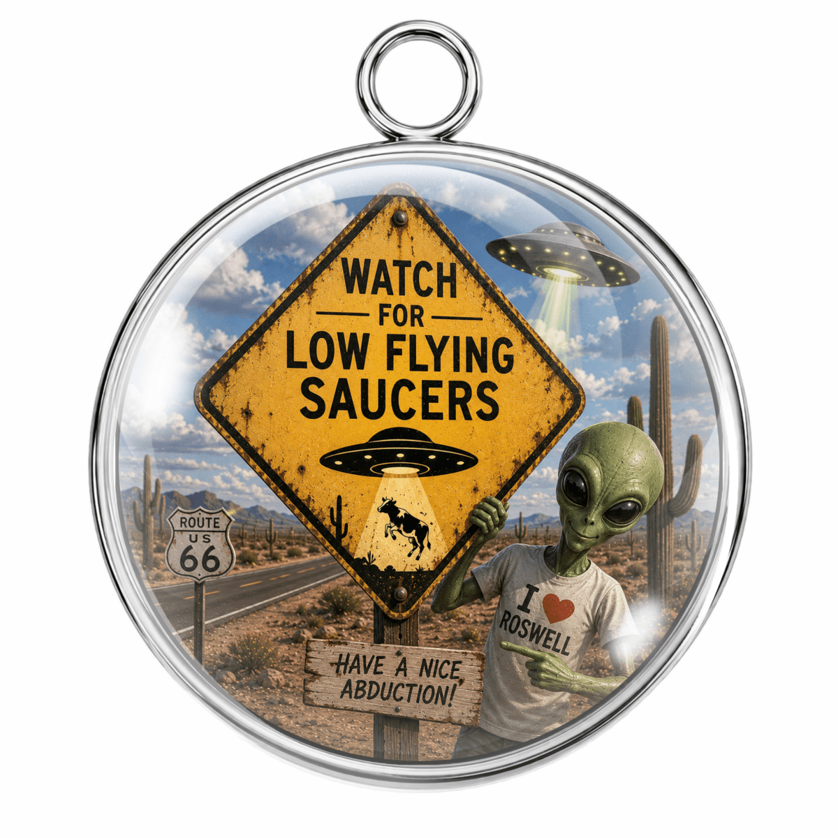 A round pendant with a silver-tone metal rim and hanging loop, featuring a printed desert scene with a yellow 'Watch for Low Flying Saucers' sign, a green alien, cacti, a Route 66 sign, and a shirt that reads 'I Love Roswell'.