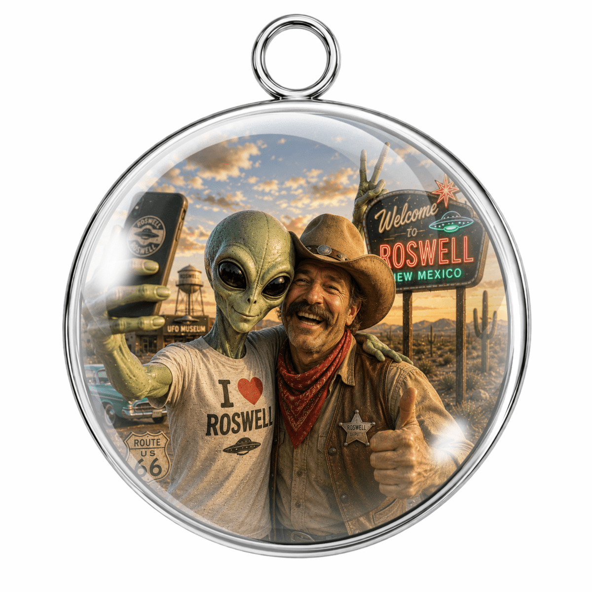 A round pendant with a silver-toned metal rim and hanging loop, featuring a printed scenic graphic of an alien taking a selfie with a cowboy in front of a 'Welcome to Roswell New Mexico' sign.
