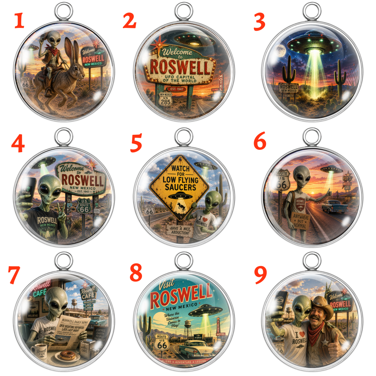 A 3x3 grid showing nine oval pendant charms with silver-toned metal borders and hanging loops, each featuring different retro-futuristic Roswell-themed illustrations including aliens, signs, cars, and desert scenes. Red numbered labels 1 through 9 appear beside each pendant on a plain white background.
