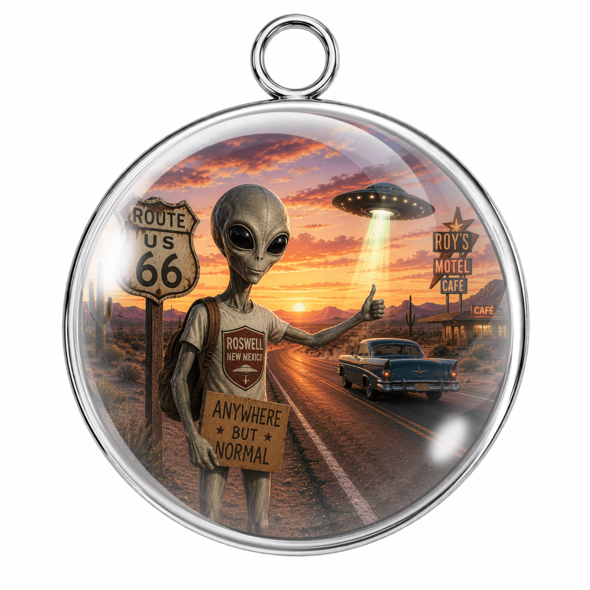A round pendant with a silver-tone metal rim and hanging loop, featuring a printed sci-fi desert scene with an alien holding a 'Anywhere But Normal' sign, a Route 66 sign, a UFO, a car, and a motel sign, shown on a white background.