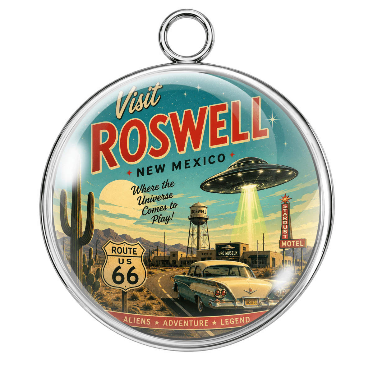 A round pendant with a retro-futuristic Roswell, New Mexico theme. The pendant features a silver-tone metal rim and a hanging loop at the top.