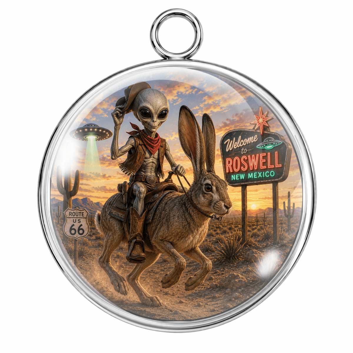 A round pendant with a silver-tone metal rim and hanging loop, featuring a colorful printed illustration of an alien riding a rabbit in a desert landscape near a 'Welcome to Roswell New Mexico' sign.