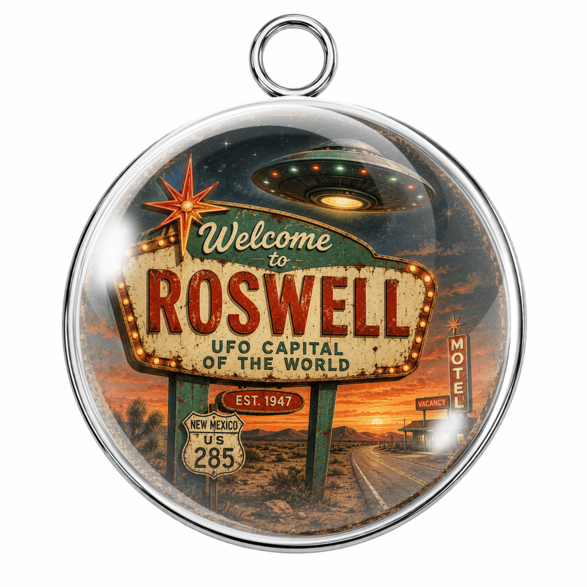 A round pendant with a silver-tone metal rim and hanging loop, featuring a retro-style Roswell UFO sign scene under a dark sky with a flying saucer and sunset road.