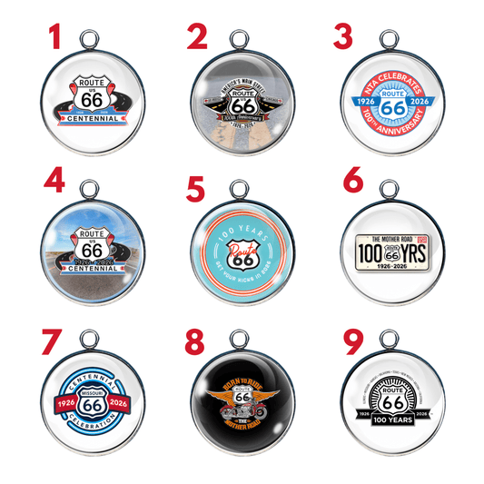 Route 66 Centennial 1926–2026 charm collection featuring nine 100 year anniversary Mother Road designs