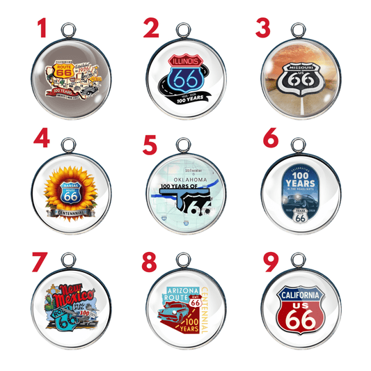 Route 66 State Centennial 1926–2026 charm collection featuring Illinois, Missouri, Kansas, Oklahoma, Texas, New Mexico, Arizona, and California designs