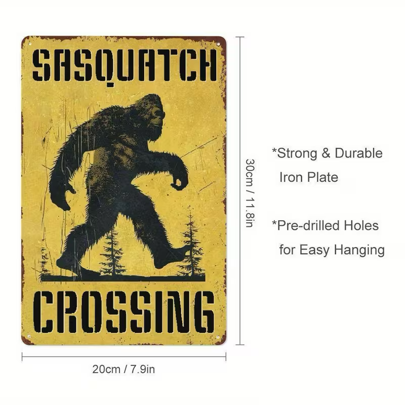 Sasquatch Crossing sign with dimensions and material details on a white background