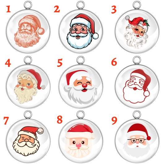 Set of 9 Santa Claus Christmas glass cabochon charms in stainless-steel bases, featuring vintage and modern Santa designs in silver or gold, available in multiple sizes.
