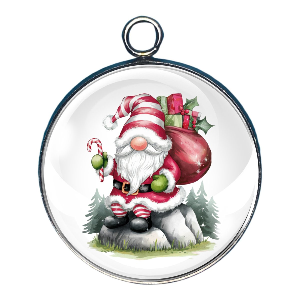 Charm of an gnome dressed like Santa, carrying a sack of presents and sitting on a rock