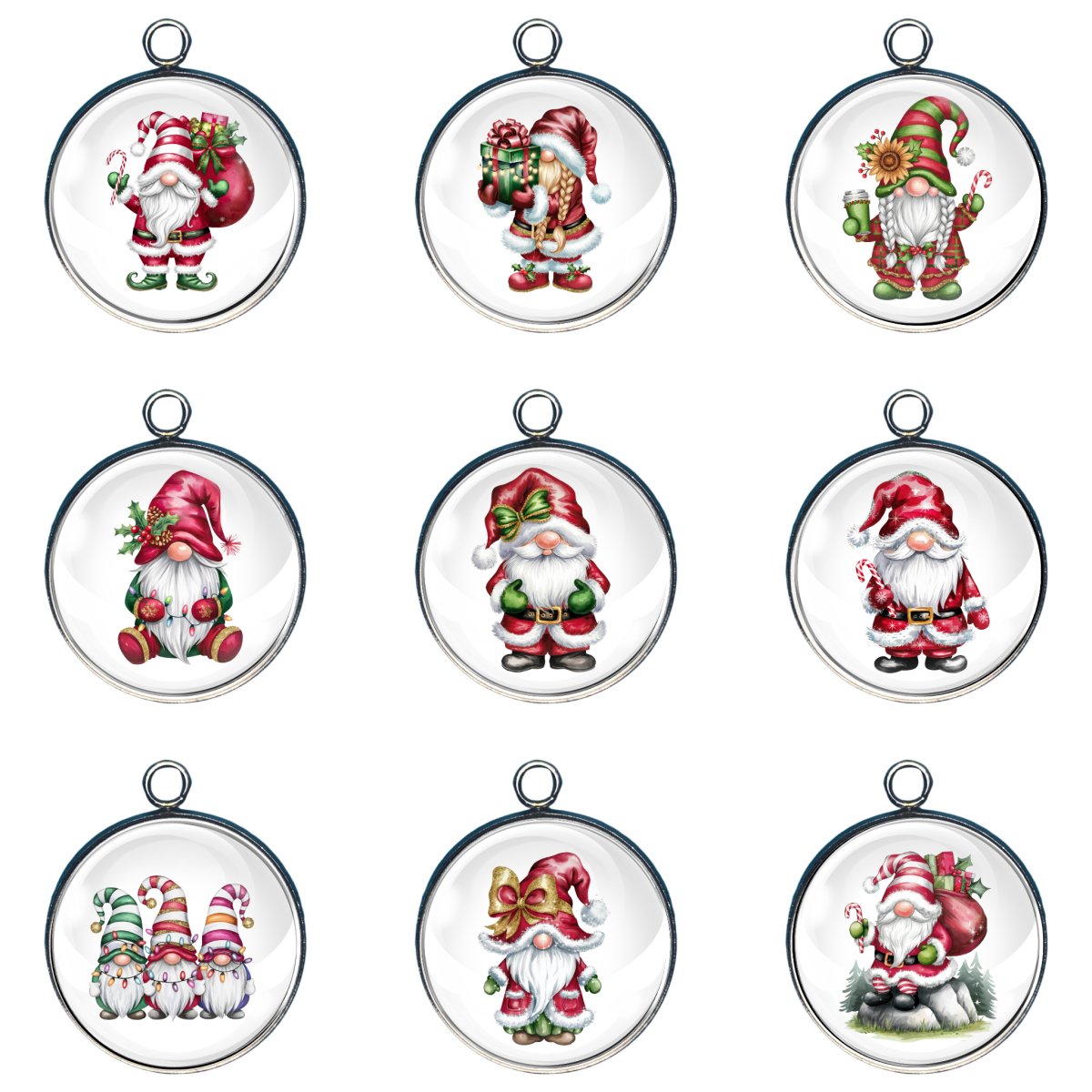 Group of 9 charms of gnomes dressed as Santa or elves