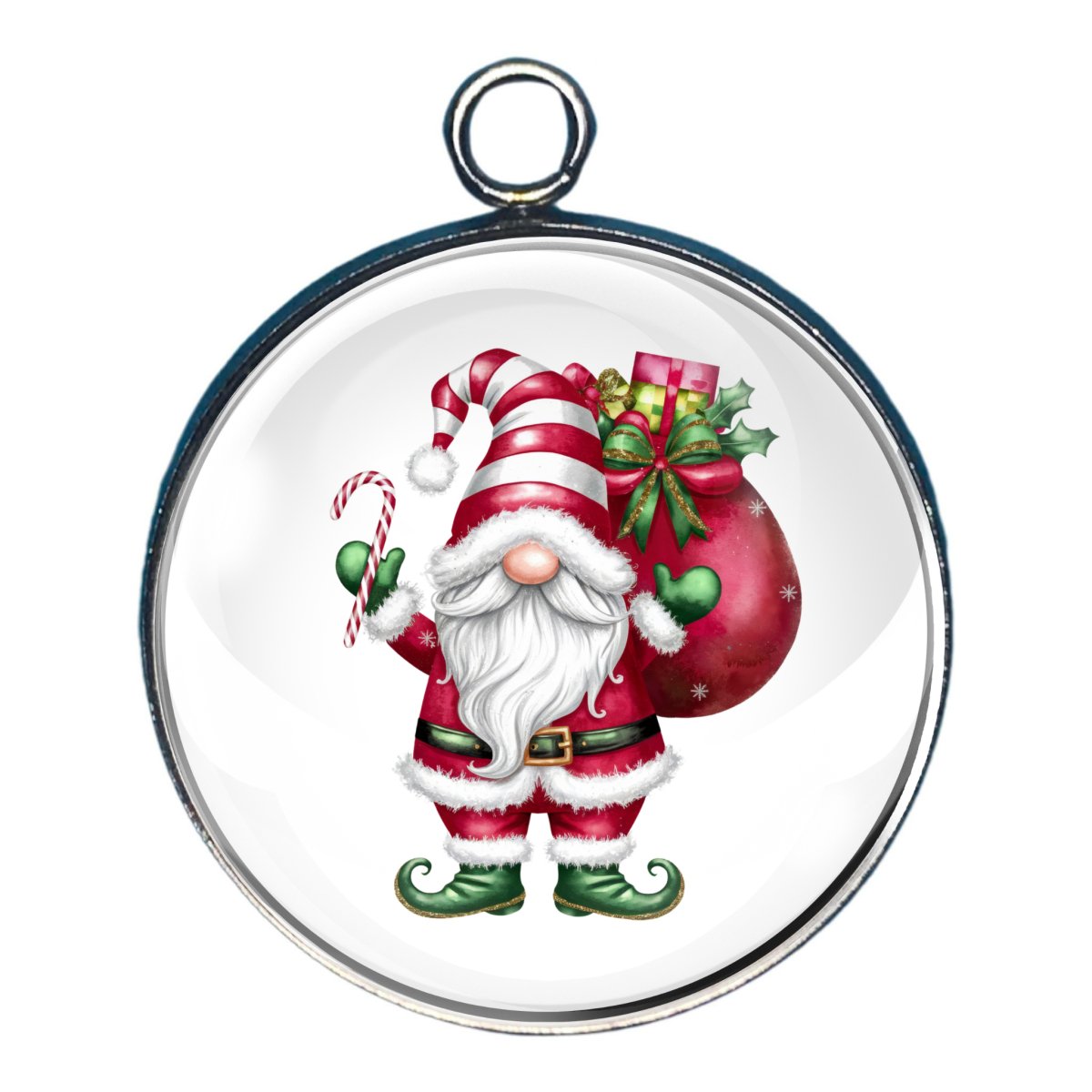 Charm of a gnome dssed as Santa with a bag of gifts