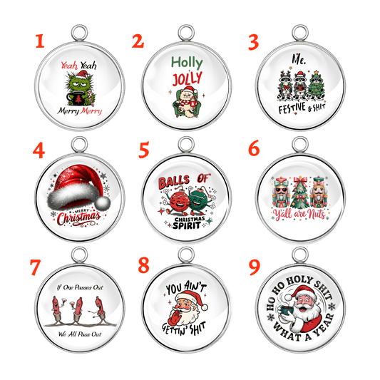 Group of 9 sarcastic Christmas charms featuring funny sayings and festive humor.