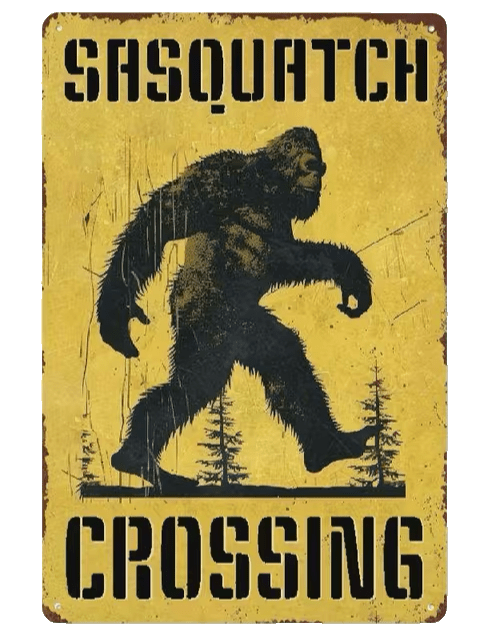Vintage-style sign with a silhouette of Sasquatch and 'Sasquatch Crossing' text on a yellow background.