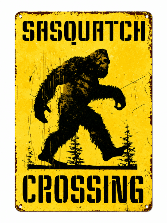Sasquatch Crossing Vintage Metal Sign – 8" x 12" Bigfoot Wall Decor | Rustic Cabin, Garage, Camp & Man Cave Sign