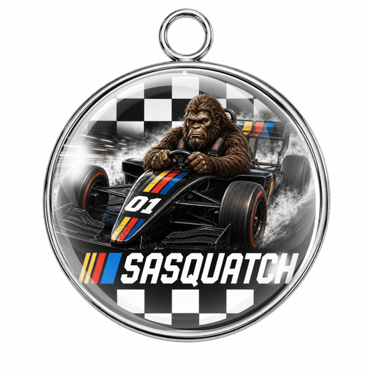 Sasquatch Racing Bigfoot Race Car Glass Cabochon Charm – Silver or Gold – 14mm 18mm 25mm