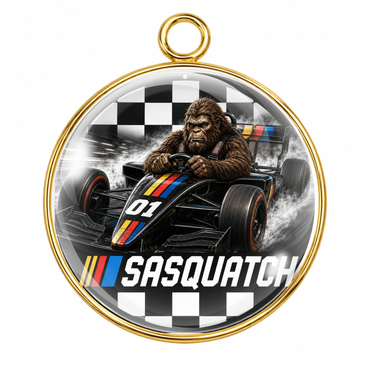 Sasquatch Racing Bigfoot Race Car Glass Cabochon Charm – Silver or Gold – 14mm 18mm 25mm