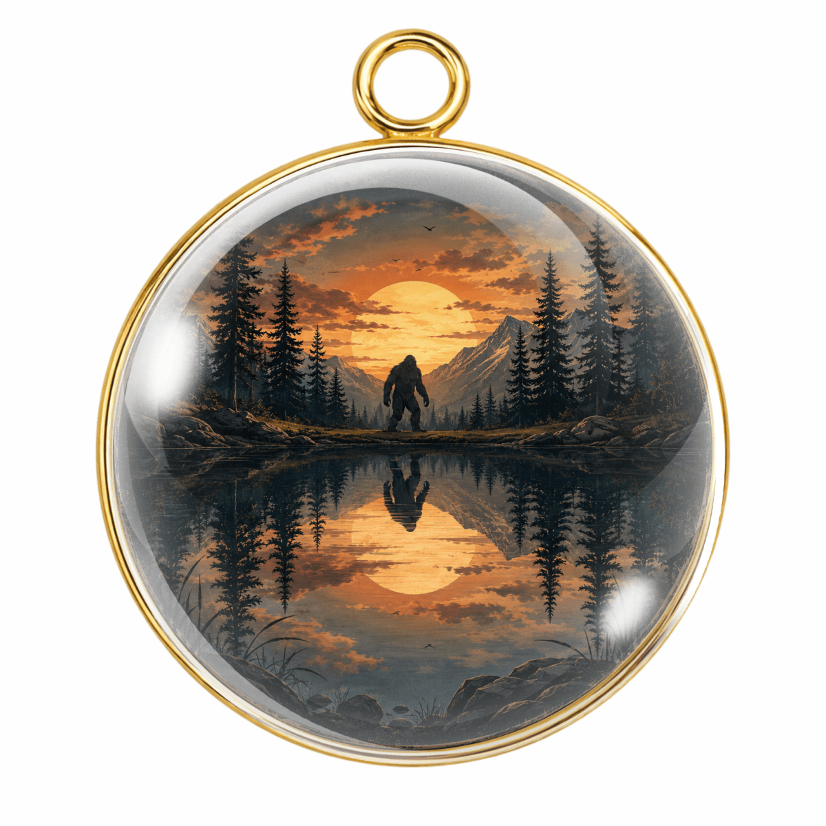 Pendant with a scenic design of a bear in a forest at sunset.