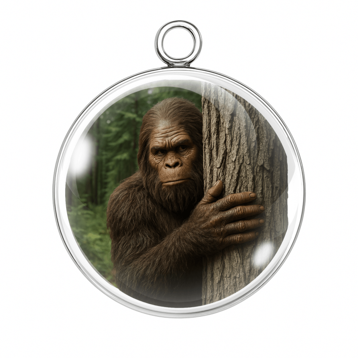 Bigfoot peeking from behind a tree charm, realistic style