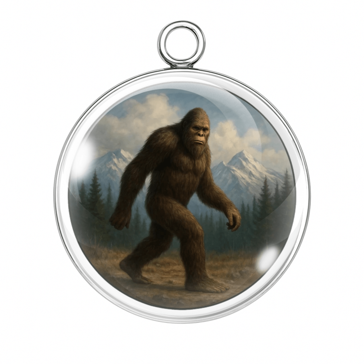 Classic Bigfoot walking in front of mountain range charm