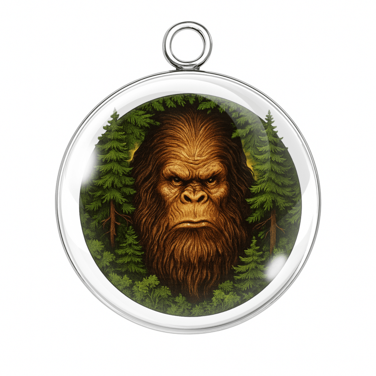 Bigfoot in pine forest charm with detailed fur and forest background