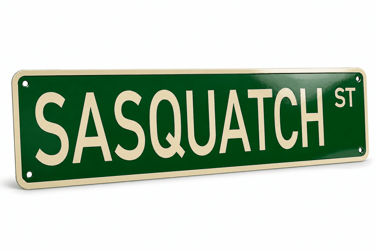 A green street sign reading 'SASQUATCH ST' in large cream lettering, shown at an angle on a plain white background.