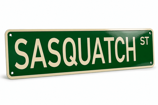 A green street sign reading 'SASQUATCH ST' in large cream lettering, shown at an angle on a plain white background.