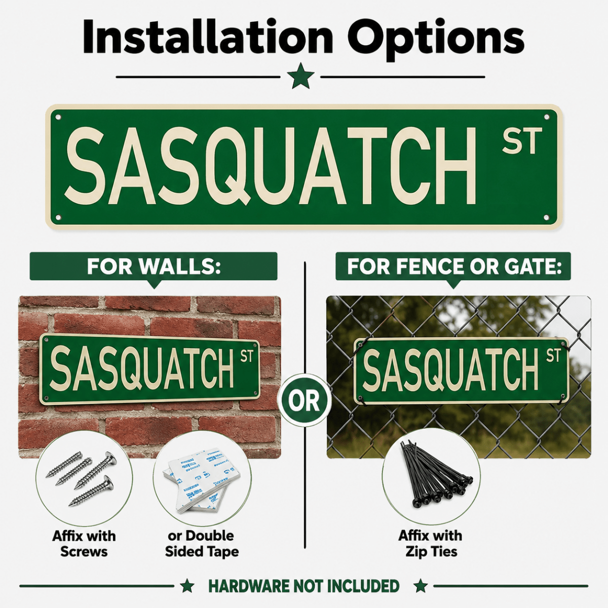 Installation options graphic for a green street sign reading SASQUATCH ST, showing two panels: one for wall mounting with screws or double-sided tape, and one for fence or gate mounting with zip ties. Text states hardware not included.