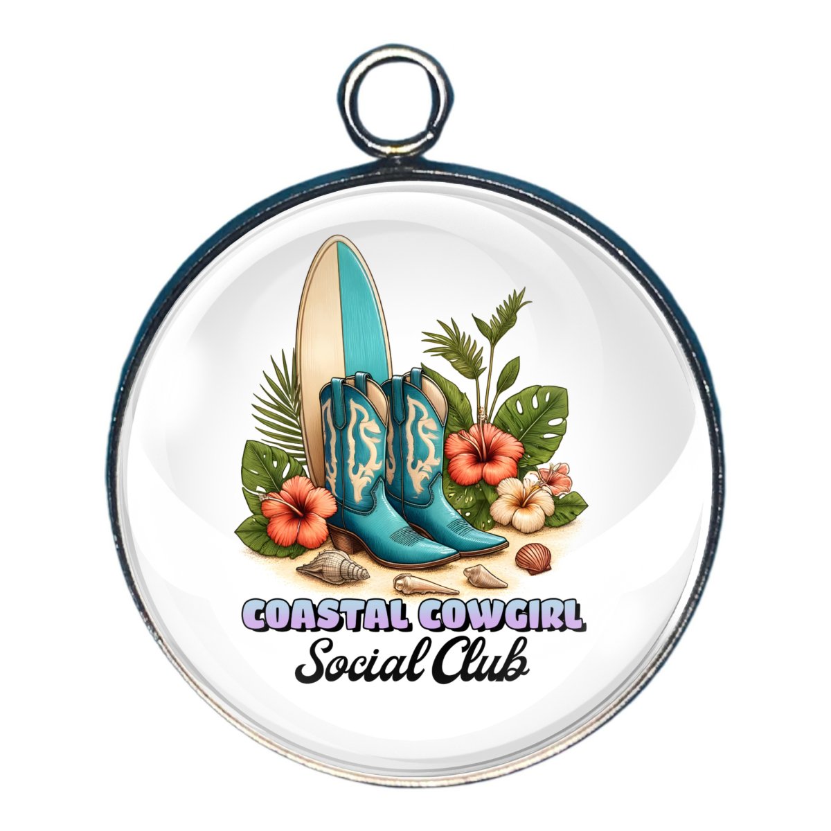 Charm with a surfboard and cowboy boots with the words 'coastal cowgirl social club'