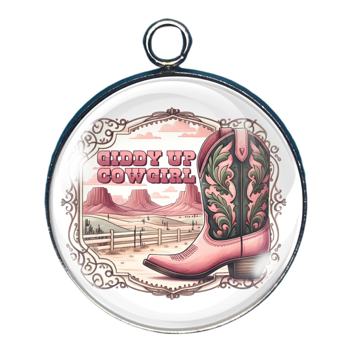 Charm with a cowboy boot and a landscape and the words 'giddy up cowgirl'