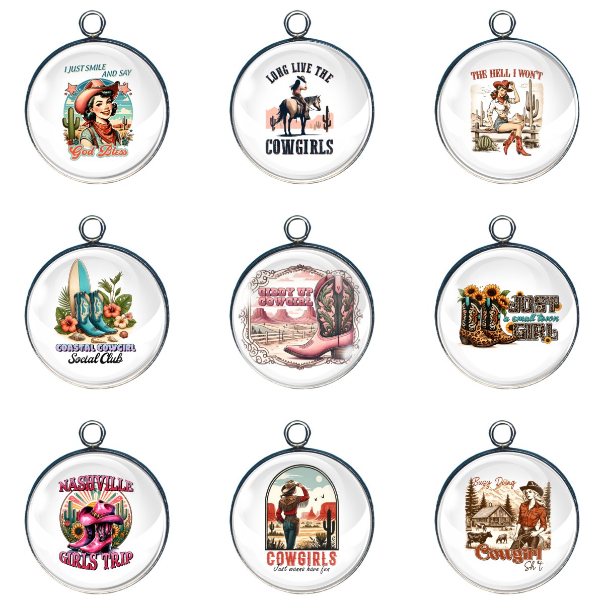 group of 9 charms depicting cowgirls