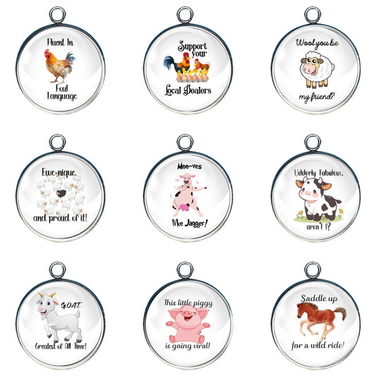 Group of 9 charms depicting farm animals with sassy sayings.