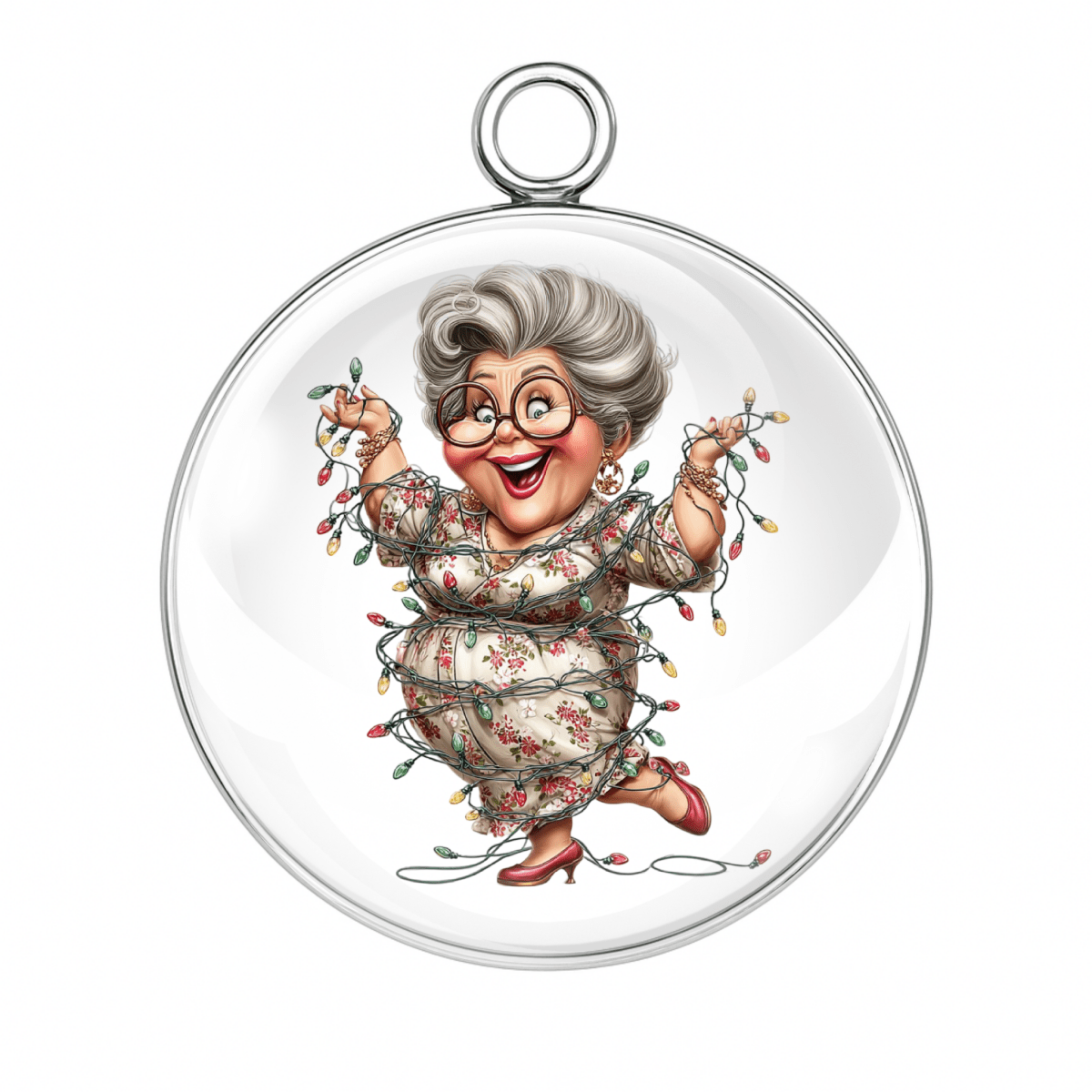 "Funny grandma wrapped in Christmas lights charm"
