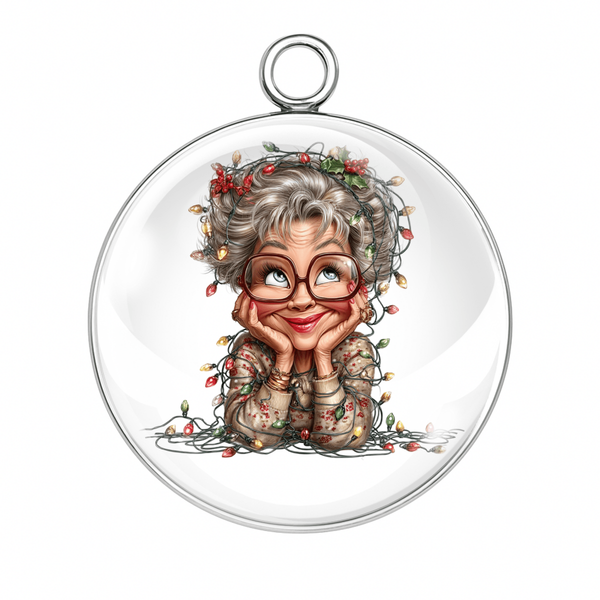 
"Cozy grandma wrapped in lights with cocoa charm"