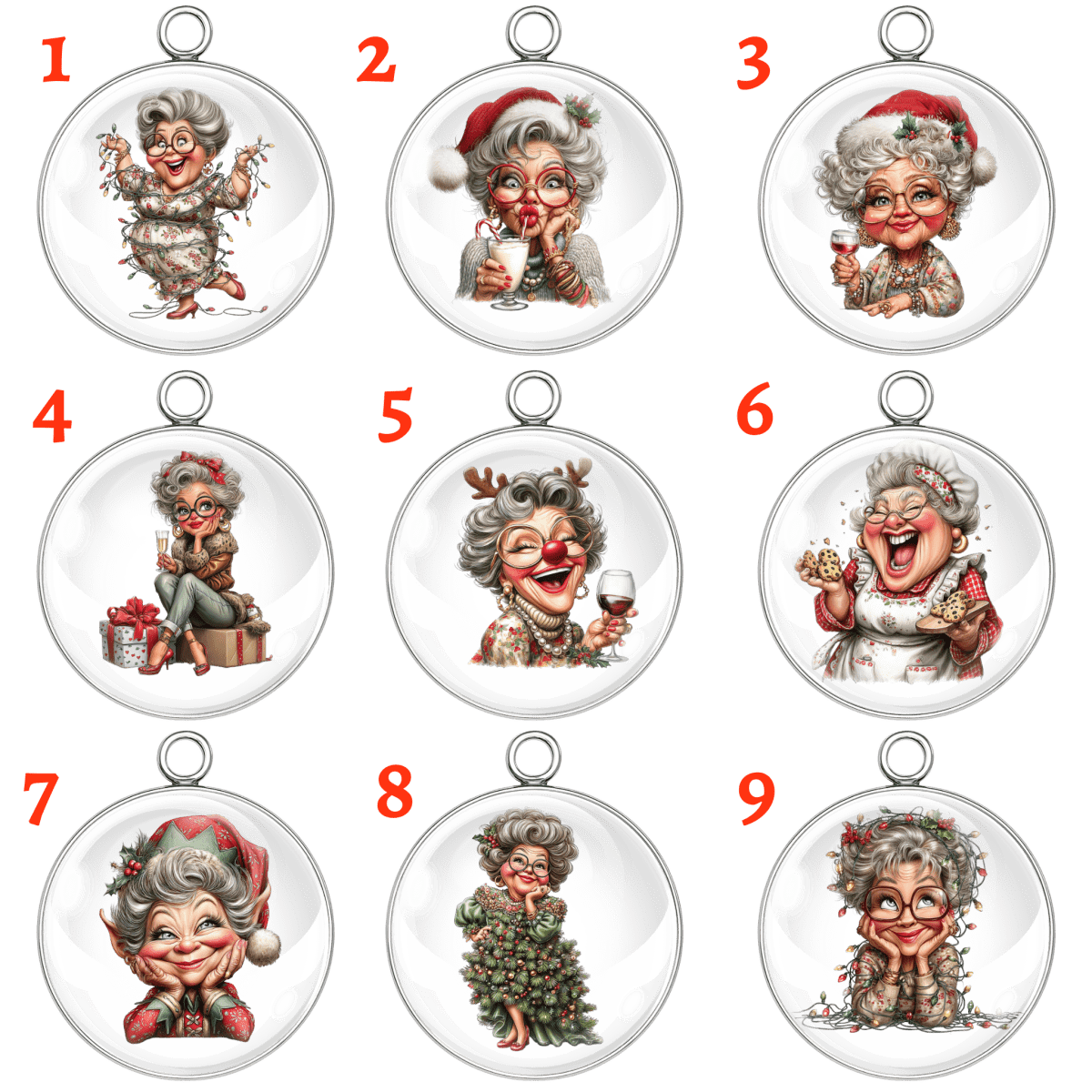 "Funny grandma wrapped in Christmas lights charm"
"Mrs Claus with eggnog and candy cane straw charm"
"Wine-cheers Santa hat grandma charm"
"Sassy grandma sitting on gifts holding bottle charm"
"Reindeer nose grandma drinking wine charm"
"Baking grandma holding cookies Christmas charm"
"Sweet elf-hat grandma smiling charm"
"Grandma wearing Christmas tree dress charm"
"Cozy grandma wrapped in lights with cocoa charm"
