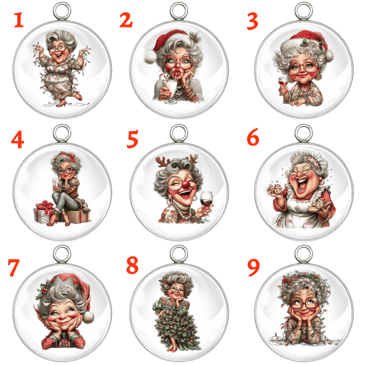 "Funny grandma wrapped in Christmas lights charm"
"Mrs Claus with eggnog and candy cane straw charm"
"Wine-cheers Santa hat grandma charm"
"Sassy grandma sitting on gifts holding bottle charm"
"Reindeer nose grandma drinking wine charm"
"Baking grandma holding cookies Christmas charm"
"Sweet elf-hat grandma smiling charm"
"Grandma wearing Christmas tree dress charm"
"Cozy grandma wrapped in lights with cocoa charm"