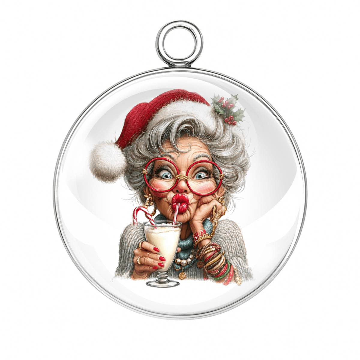 
"Mrs Claus with eggnog and candy cane straw charm"
