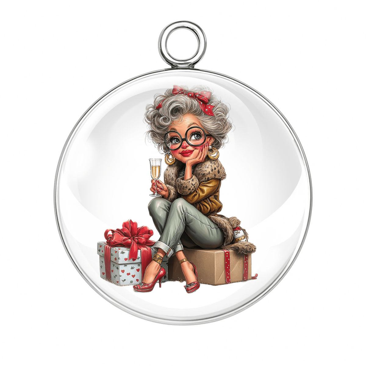 
"Sassy grandma sitting on gifts holding bottle charm"
