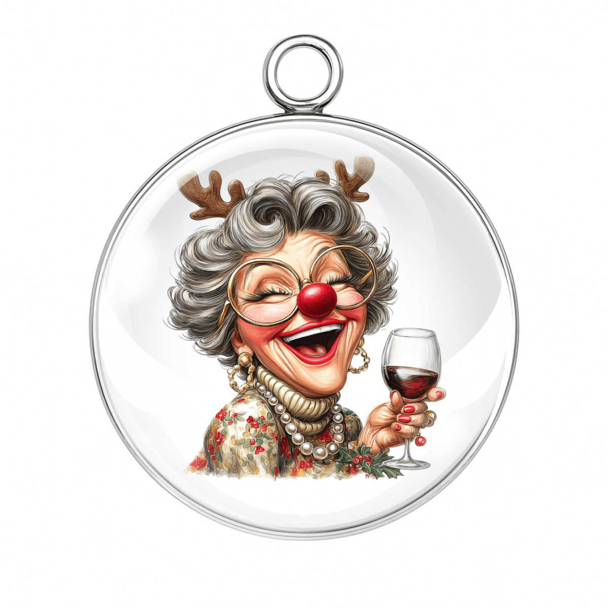 
"Reindeer nose grandma drinking wine charm"
