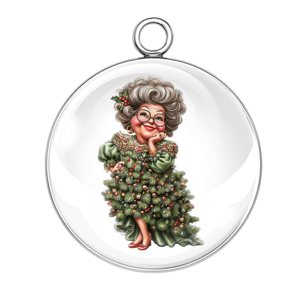 
"Grandma wearing Christmas tree dress charm"
