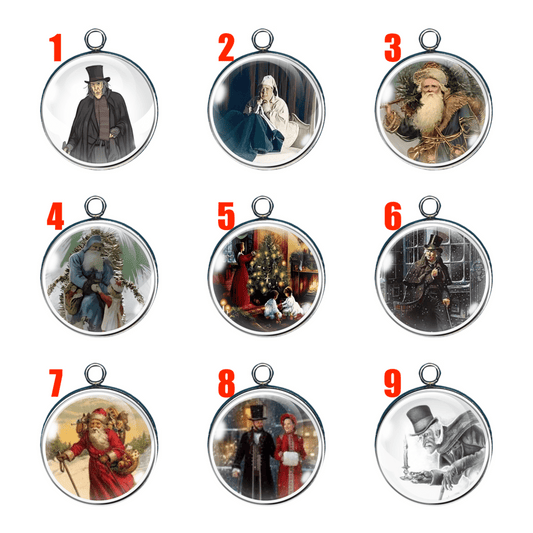 Set of 9 charms depicting scrooge, santa and victorian Christmas scenes