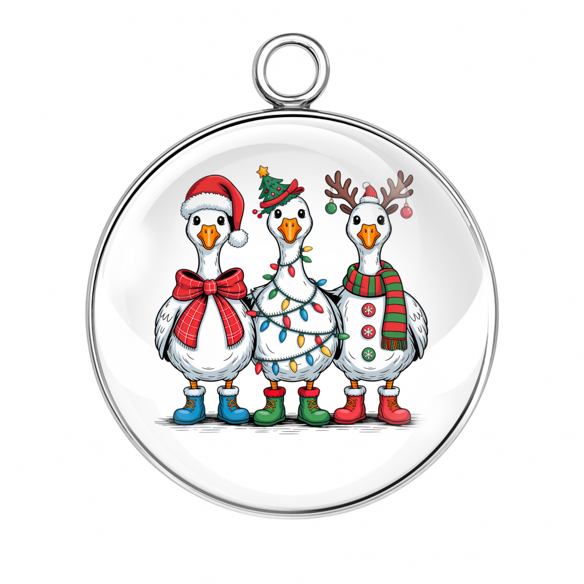 Festive geese tangled in Christmas lights charm