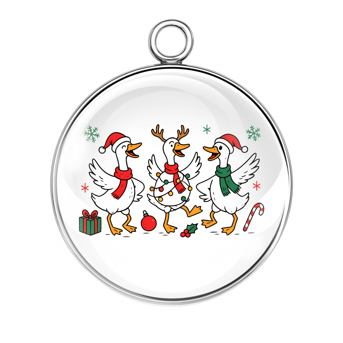 Dancing geese with gifts Christmas party charm