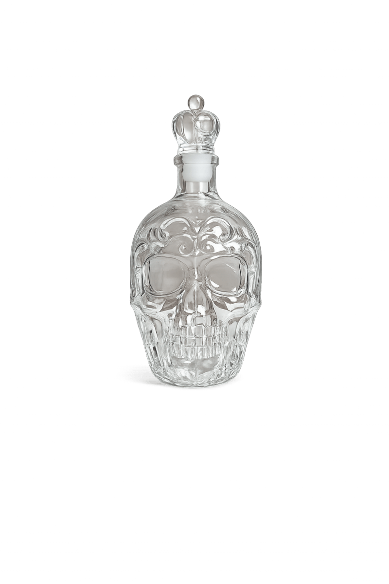 Glass skull-shaped decanter with a crown on a white background