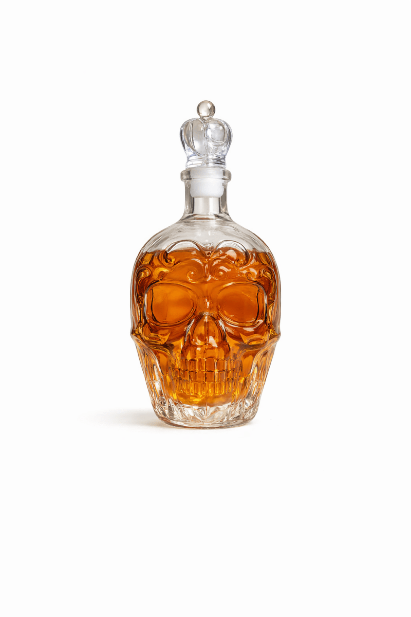 Skull-shaped decanter with amber liquid on a white background