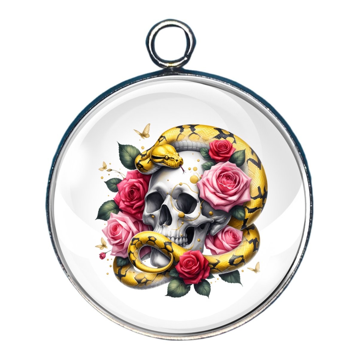 Charm of a skull with a yellow and black snake.  Pink and red rose accents