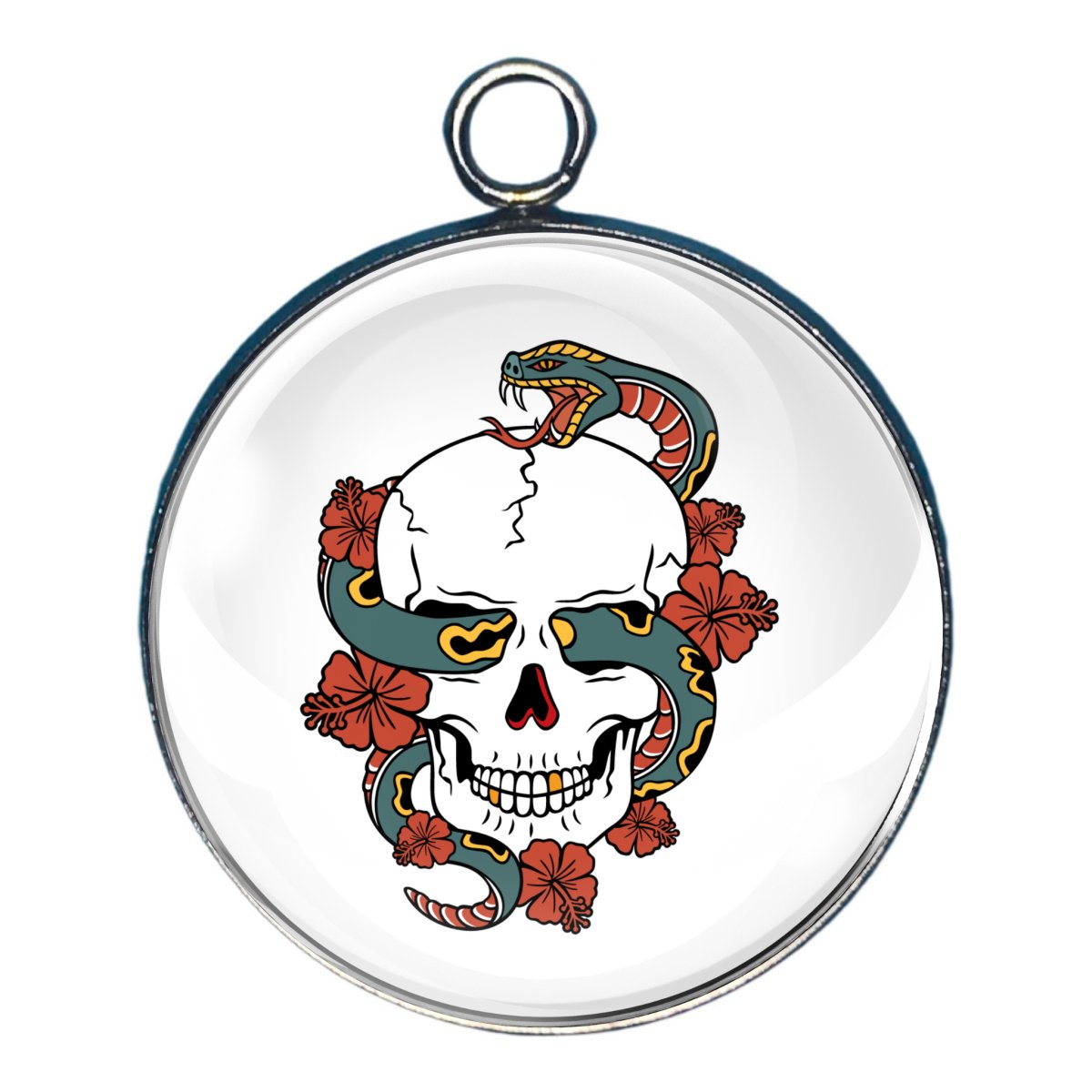 Charm of a skull with a green/yellow and red snake with red flowers