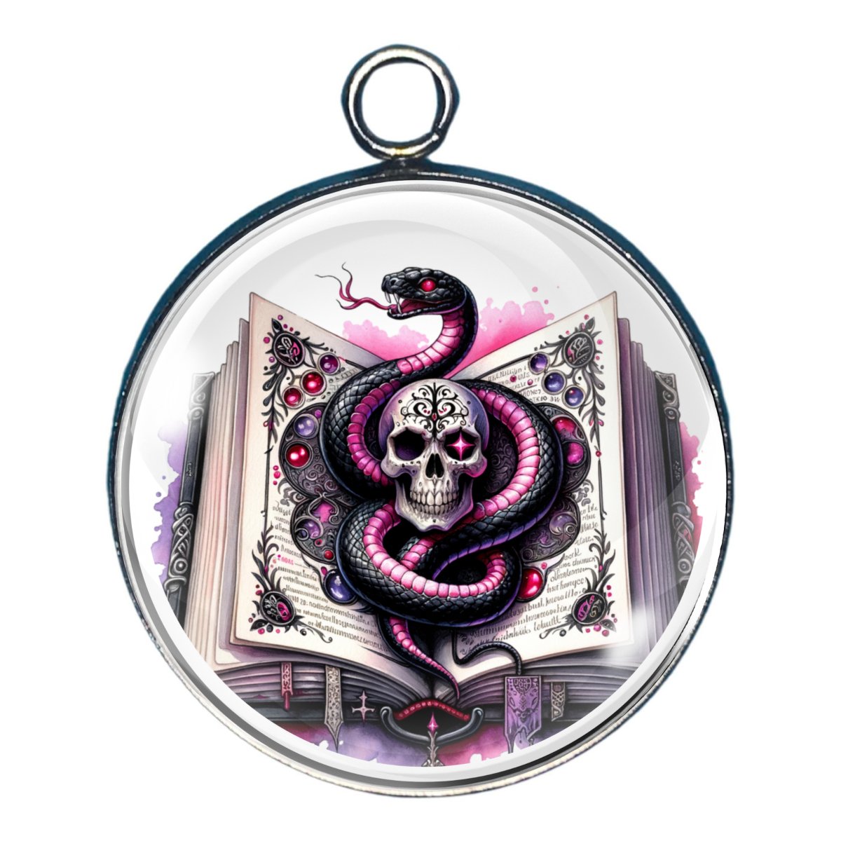 Charm of a skull with a pink and black snake ontop of an open book