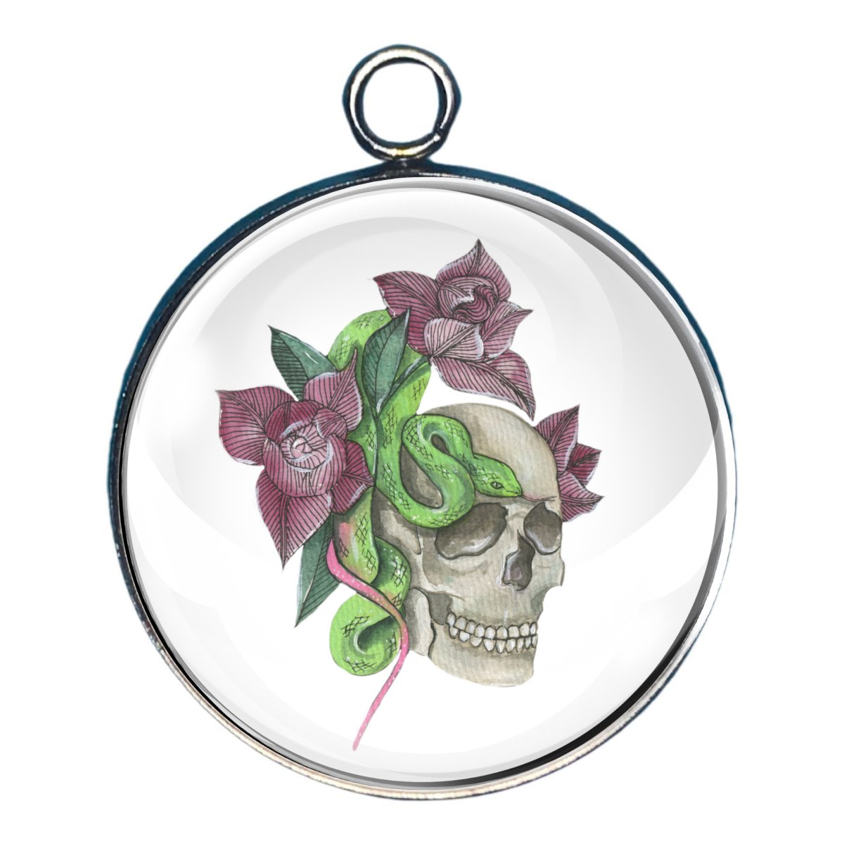 Charm of a skull with a green snake along with red flowers with green leaves