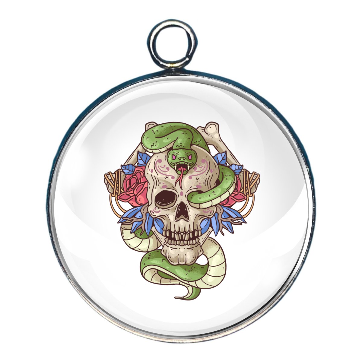 Carm of a skull with a green snake and some red flowers with blue leaves